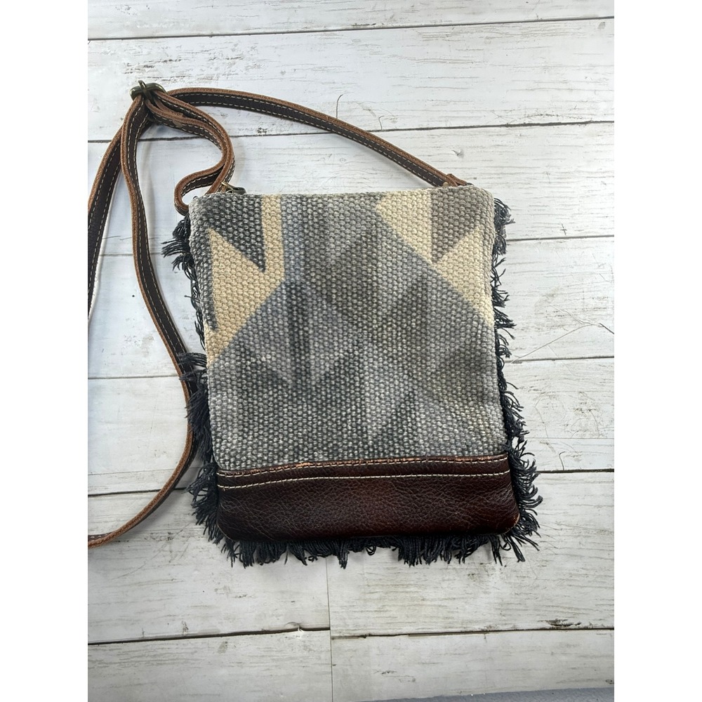 Myra Bag Canvas Leather Kilim Fringe Crossbody Bag Small Brown Gray Geometric